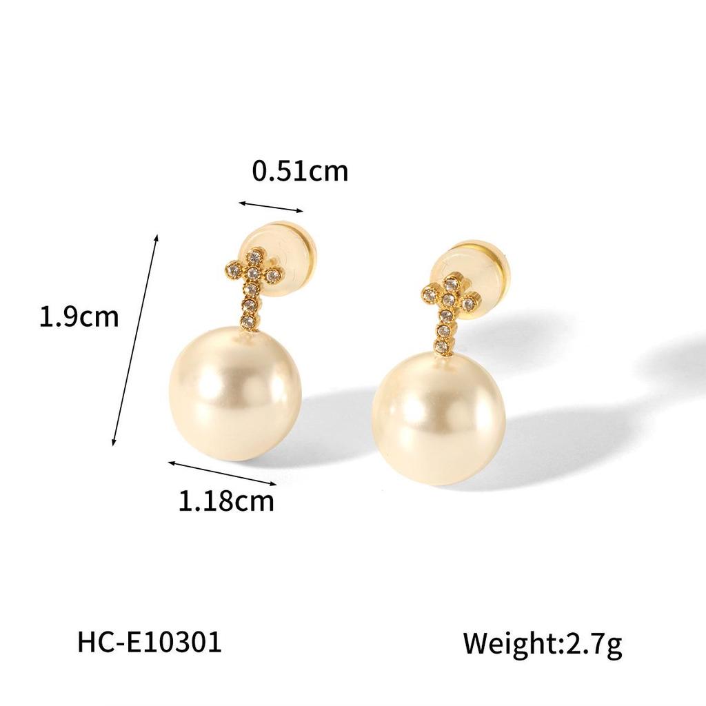 European & American Influencer Style 18K Gold Pearl Diamond Cross Earrings for Women