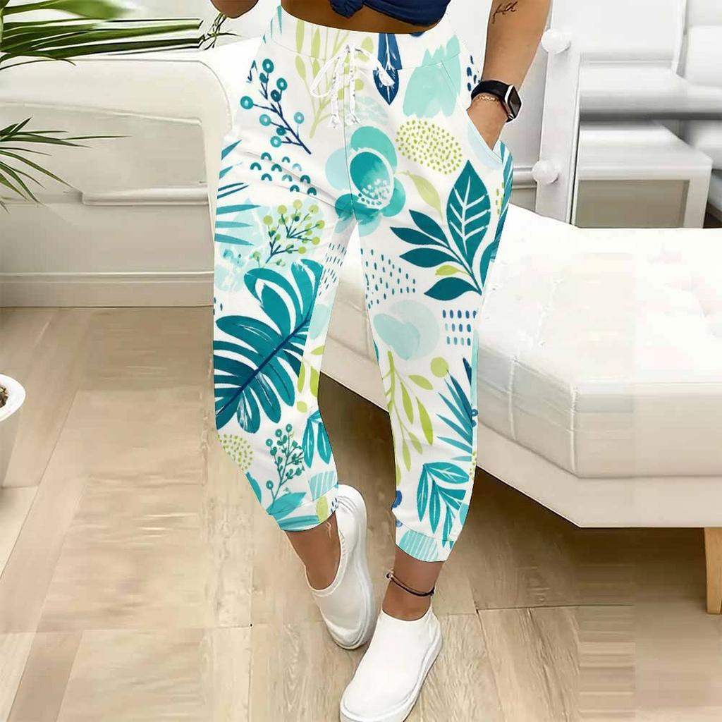 Women Plus Size Tropical Leaf Printed Drawstring Waist Cuffed Ankle Jogger Pants With Side Pockets