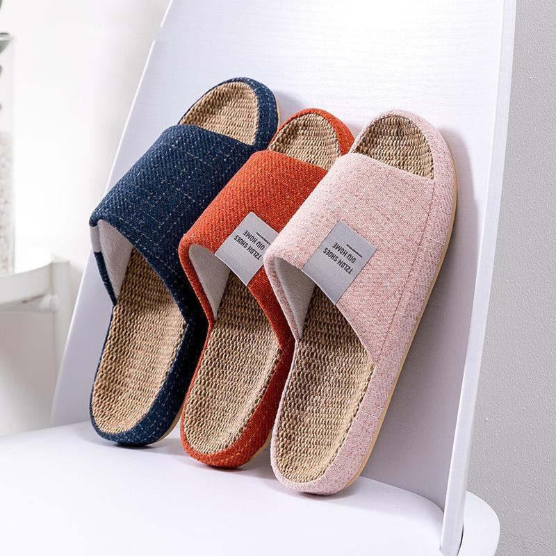 Fashion  Women Men Indoor Slipper Anti-slip Lovers House Floor Shoes Soft Ladies Summer Home Slides Breathable Flax Slippers 44