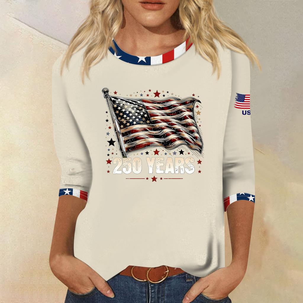 Women's Fashion Casual Seven-Sleeve Independence Day Print Round Neck Top