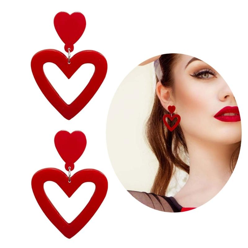 Stylish Heart Acrylic Earrings Pink Ear Drops Lady Party Hollow Heart Statement Earring Valentines Day Gift Lightweight