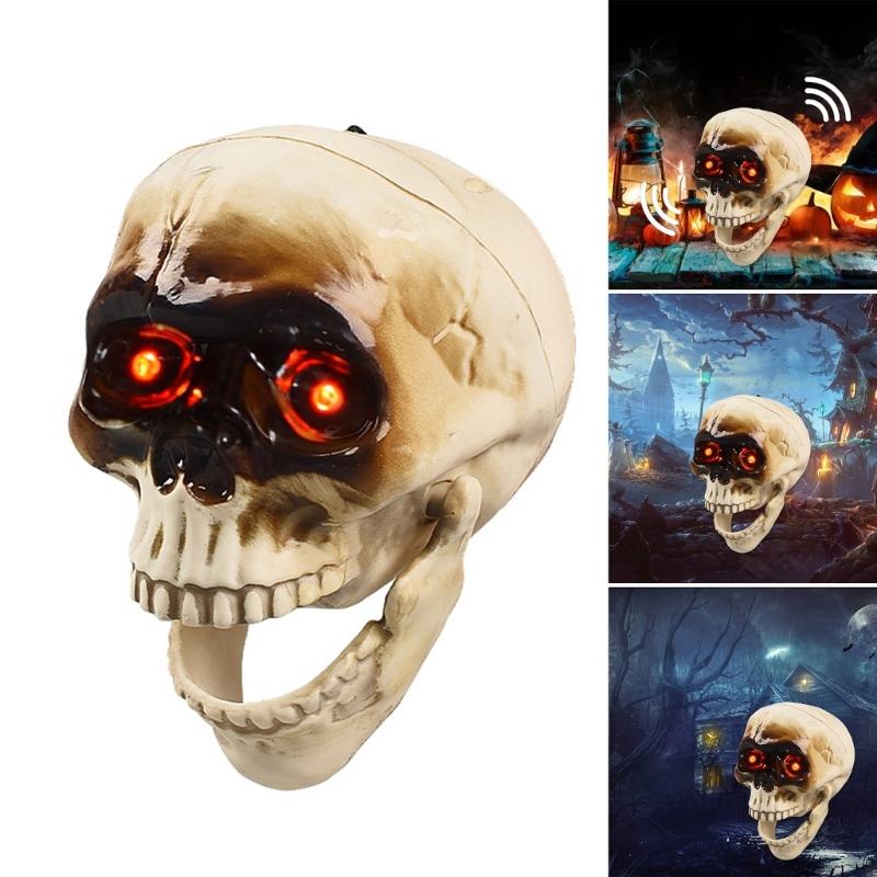 Halloween Party Props Skull Head Ornament with Animated Jaw Movement and Sounds Terrifying Skeleton Home Decoration