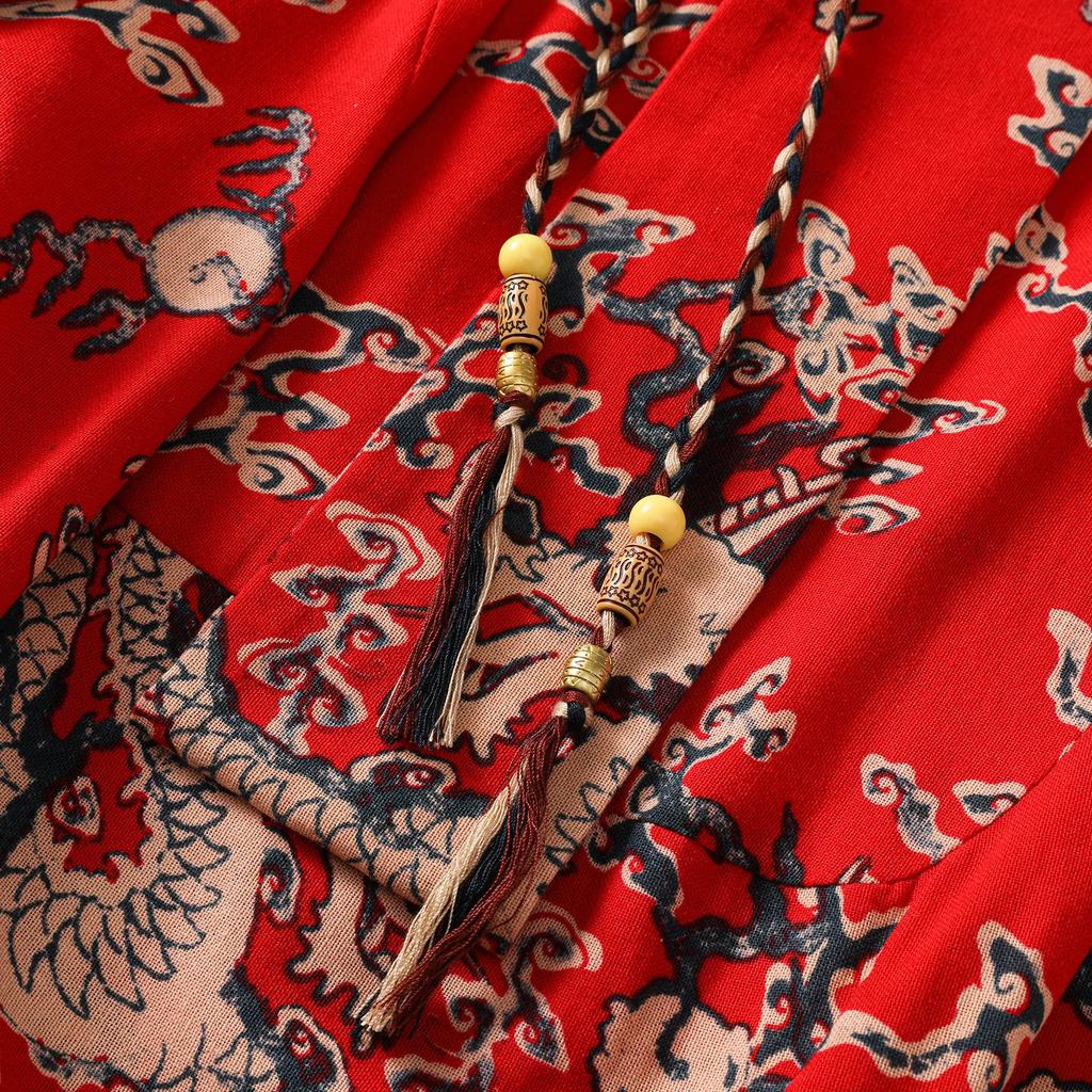 2026 Spring Summer Men's Casual Beach Pants Men Thin Wide Leg Lantern Pants Dragon Print Loose Fit Cotton Trousers