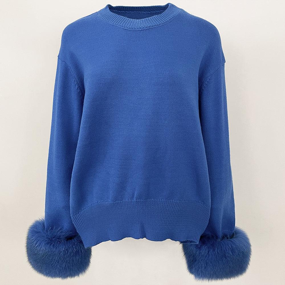 OFTBUY Winter Women Sweater Knitted Real Fox Fur Cuff Round Neck Loose Knit Mid-length Woolen Blends