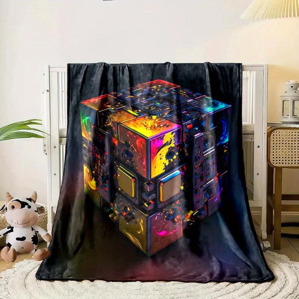 This Cool Cube-print Flannel Blanket Is Perfect for Sofas, Beds, Offices, Travel, Camping, and As a Christmas Gift for Friends