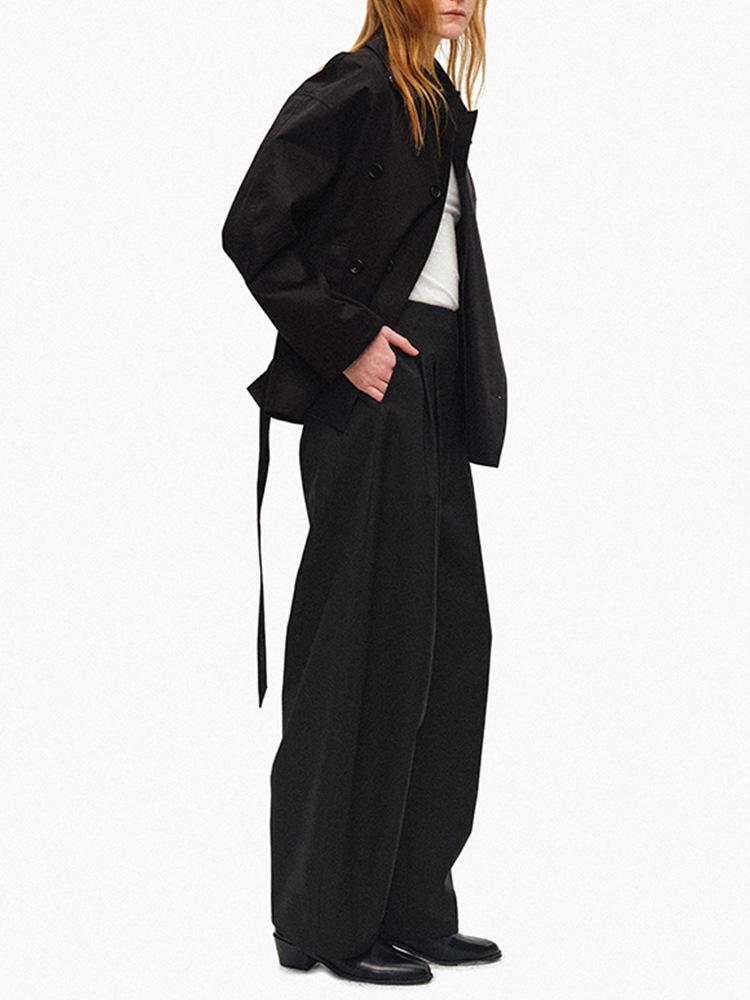 American Short Lapel Trench Coat: High-End Waist-Defining Double-Breasted Loose Long Sleeve Jacket for Women