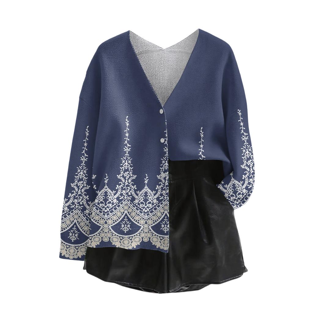 Women's V Neck Top Printing Thickened Plush Cashmere Warm Long Top