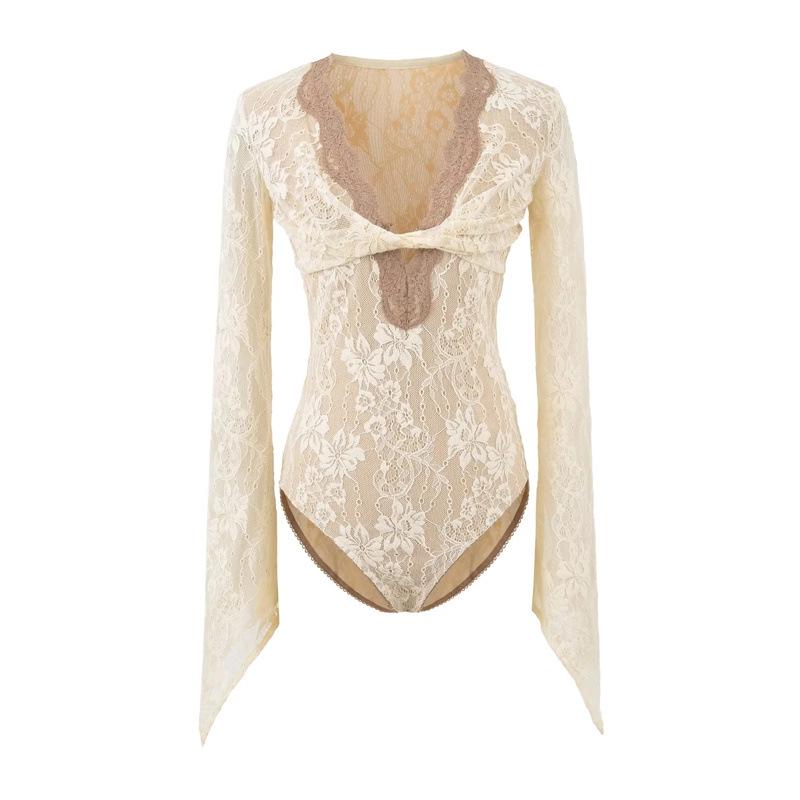 Элегантный кружевной боди с V-образным вырезом, двойной слой Small абрикосовый
