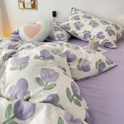 Lila Tulpenprinzessin Wind Doppelgarn Vierteiliges Set Muschelkante Bettbezug aus gewaschener Baumwolle Bettlaken Schlafsaal 3-teiliges Set