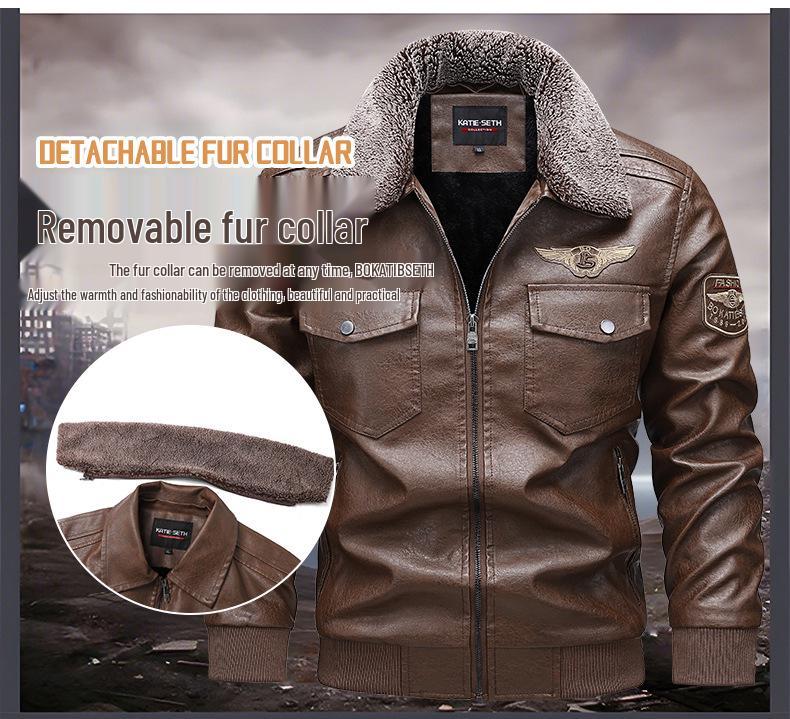 Men's European Winter PU Leather Jacket with Velvet Collar - Large, Warm, Windproof Motorcycle Style