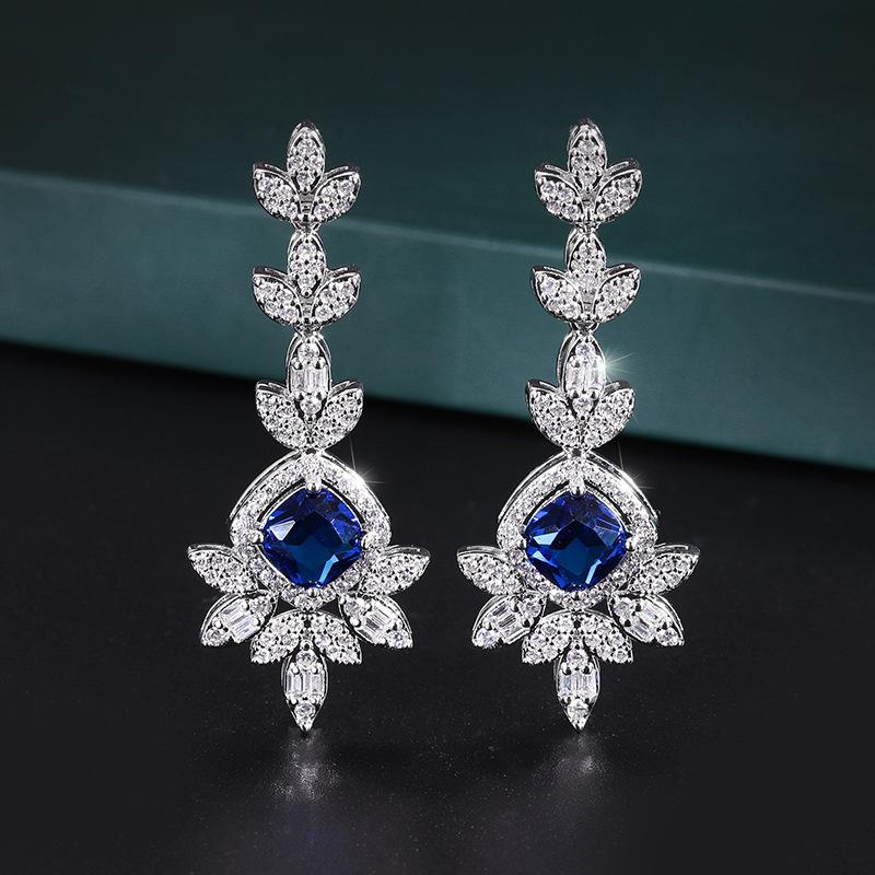 Jewelry Copper-Plated Real Gold Wind Simulation Blue Spinel Pendant Earrings Women'S Set Main Stone 8 * 8