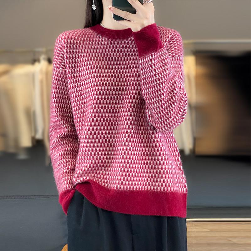 Sesame-spot Contrasting Color Round Neck Cardigan for Women In Autumn and Winter New Cashmere Knitted Base Shirt Soft Pullover Sweater