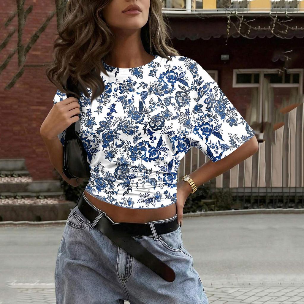 Women Round Neck Pullover Floral Print Short Sleeve T Shirt Loose Fit Casual Top Lightweight Breathable Fabric