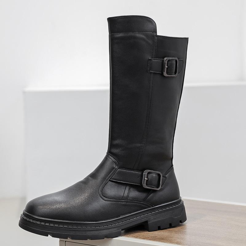 Fashion Size 38-46 Men's Fashionable High-Top Leather Boots Genuine Cowhide Shoes Side Zipper Thick-Sole Cowboy Boots for Everyday Wear