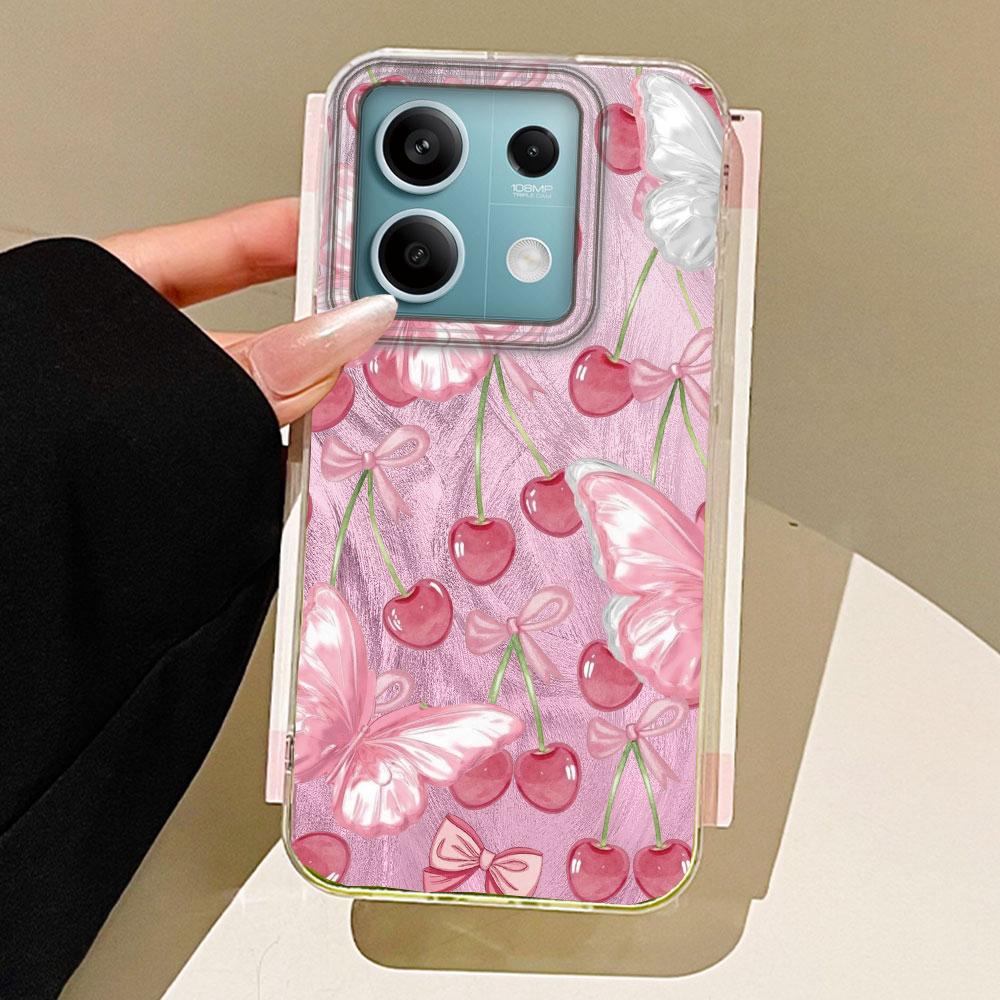Pink Fruit Cherry Butterfly Feather Texture Phone Case for Xiaomi Mi 13T 14T Pro 11 Lite NE 5G Couple Shell Silicone Bags Cover