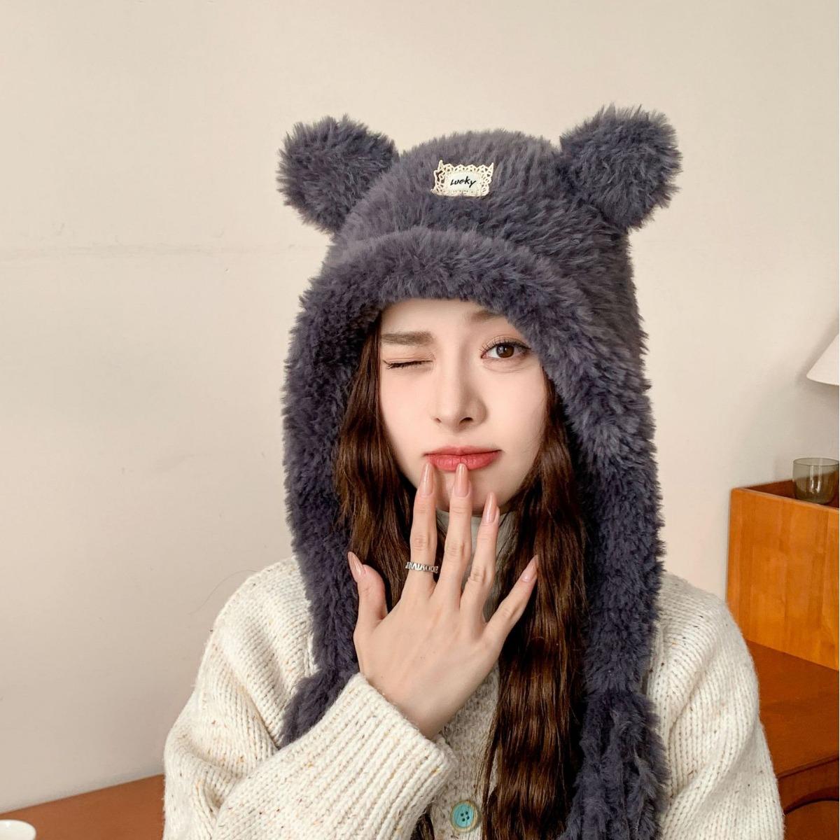 

Cute Little Bear Hat for Women In Autumn and Winter Plush New Korean Knitted Hat Versatile Warm Ear Protection Thickened Fashionable Casual one size