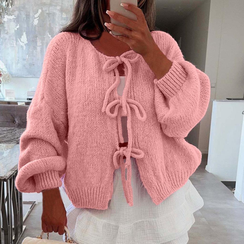 Women‘s Round Neck Long Sleeve Lace-Up Fitted Cardigan Coat