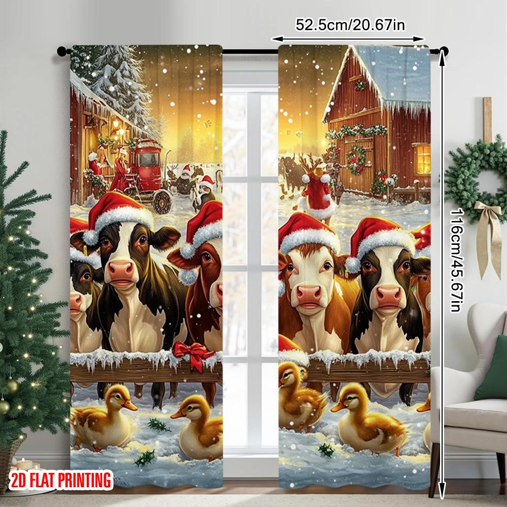 2pcs 2D Flat Printing Christmas Curtains Merry Christmas Farm Cute Animals Versatile Polyester Without Electricity Family Party
