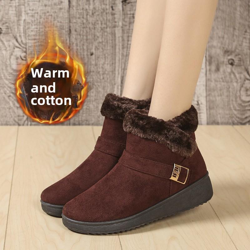 Fashion Warm Snow Boots for Fashion MATURE LEISURE Flat with Round Toe Buckle Strap Solid Casual Women Shoes Black