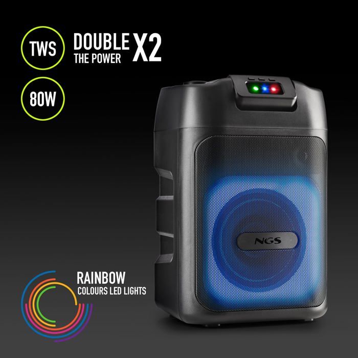 Ngs Wild Club: 80w Wireless Bt/tws, Usb/aux, Led Laser, 6h Battery.