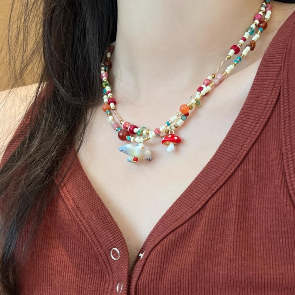Ethnic Style Mushroom Collarbone Chain Beads String Pearl Clavicle Chain  Spring