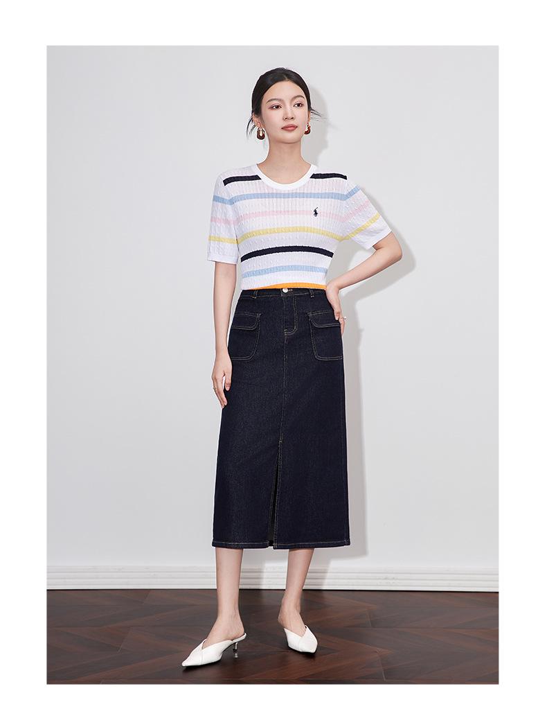 Retro Hong Kong Styl Vysoký Pas Džínová Midi Sukně s Rozparkem pro Ženy - Letní Nová Kolekce