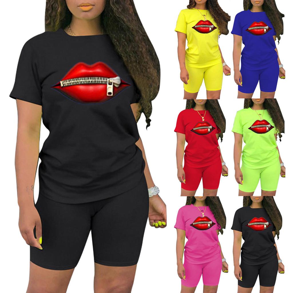 

Women Casual Summer Red Lips Print Short Sleeves And Shorts 2 Piece Sports Suit