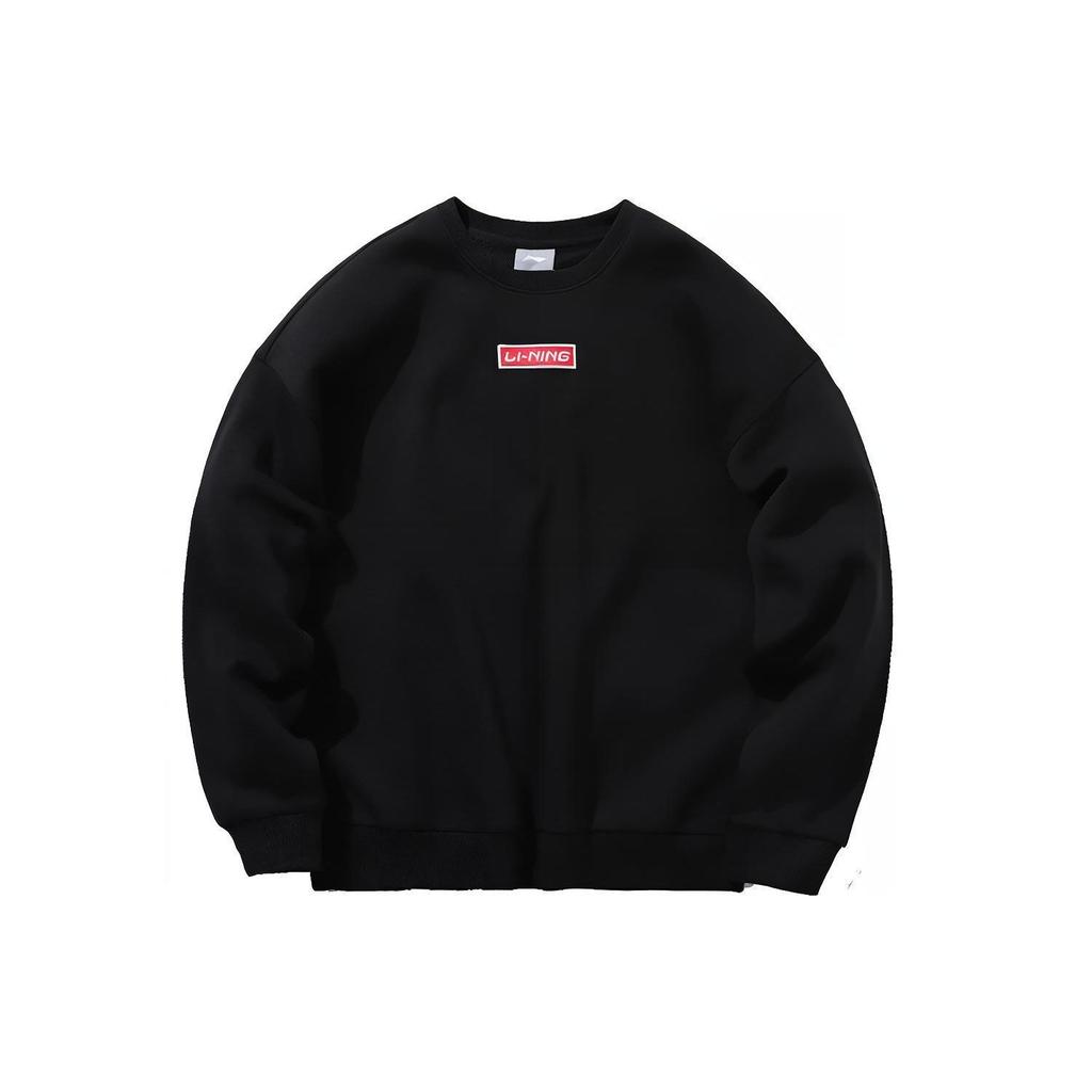 Li Ning Sports Fashion Series Embroidered Small Logo Fleece Loose Round Neck Pullover Sweatshirt Unisex Sweatshirt Black AWDP696-10