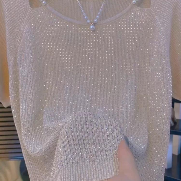 2025 Sommer Stricktop mit Strasssteinen: Vielseitiges Mode-T-Shirt mit kurzen Ärmeln für Damen