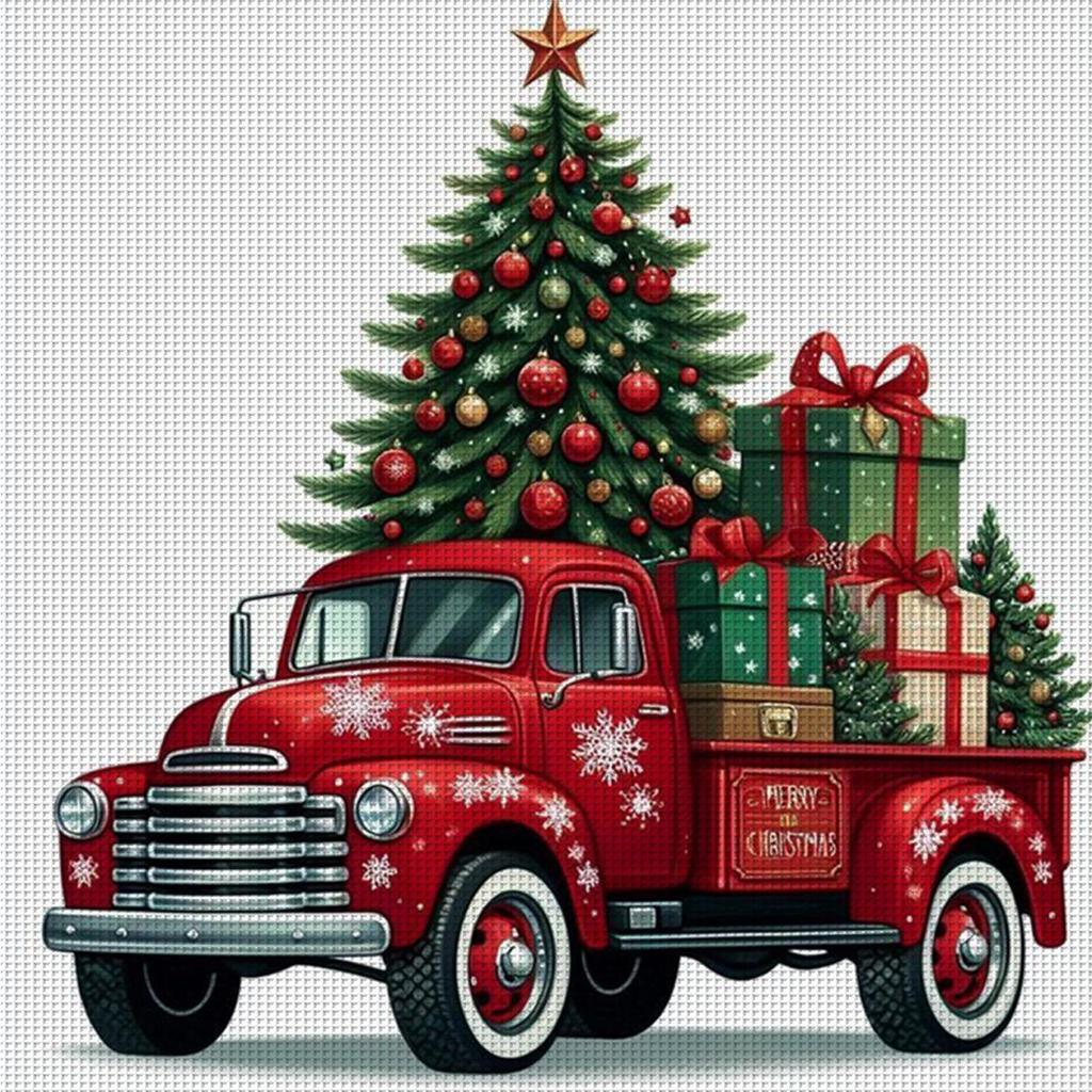 Christmas Tree Truck Full 11CT DIY Counted Cross Stitch Kits 40x40cm Cross Stitch Art and Crafts Kits for Adults Home Decor