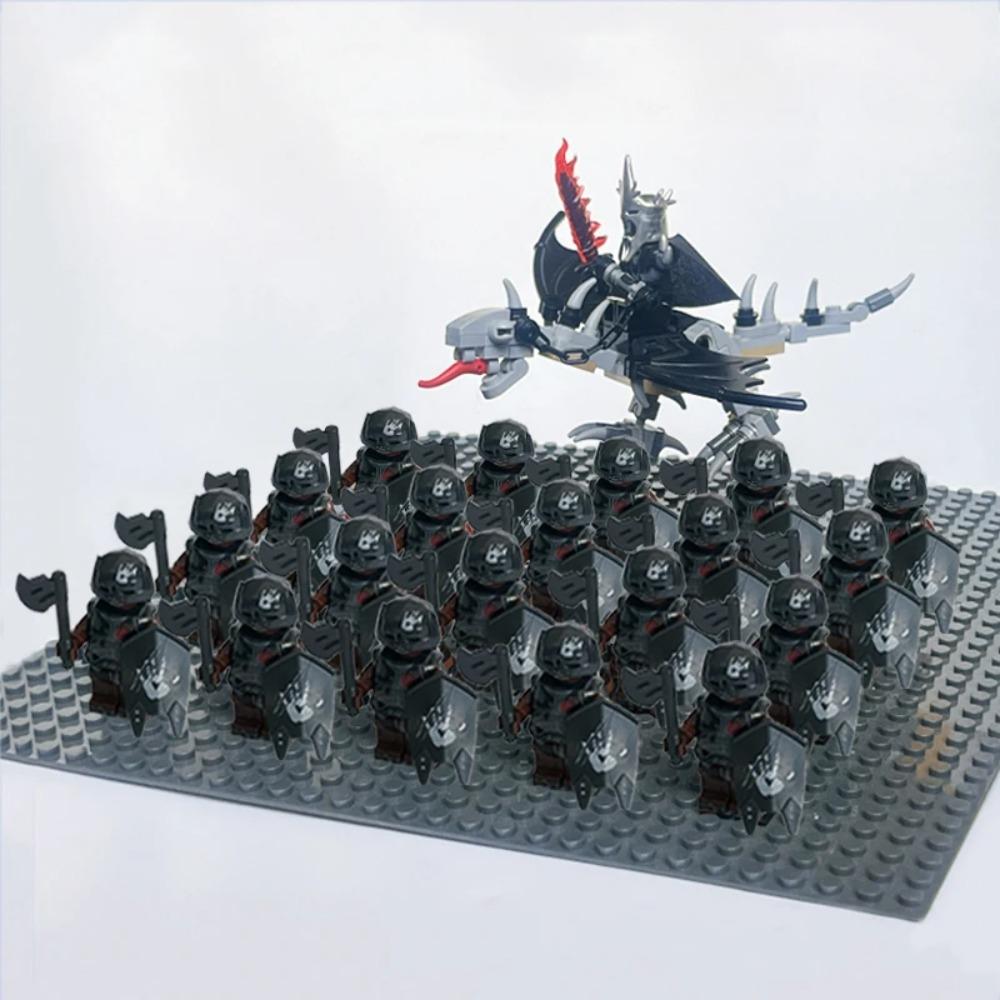 New 21Pcs Solider Uruk Hai Army Figrues King Angmar With Fell Beasts Shield Sword Bow Spear Weapons Kid Toys