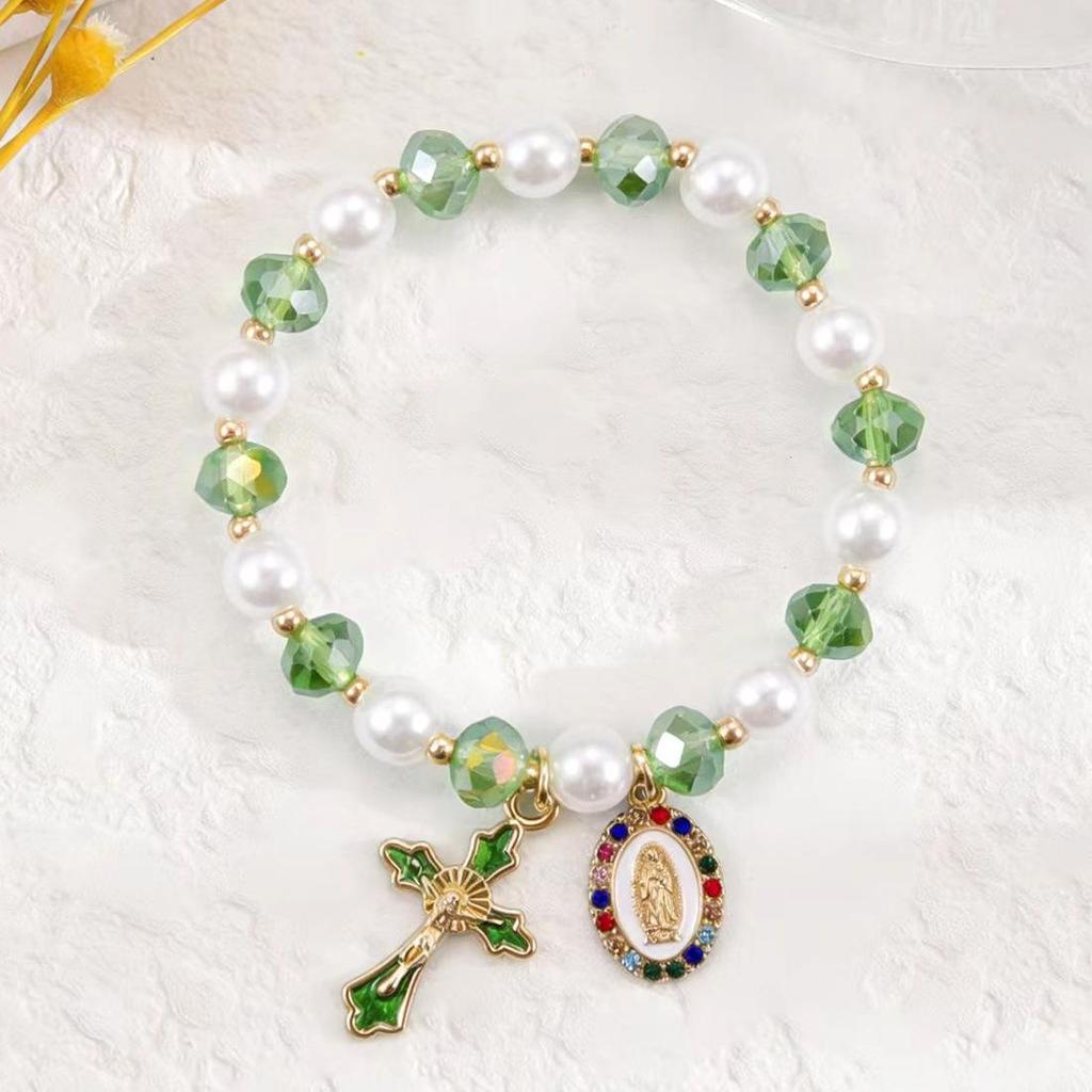 Retro Virgin Mary Pendant Pearl Bracelet with Oval Charm and Flower Design for Women