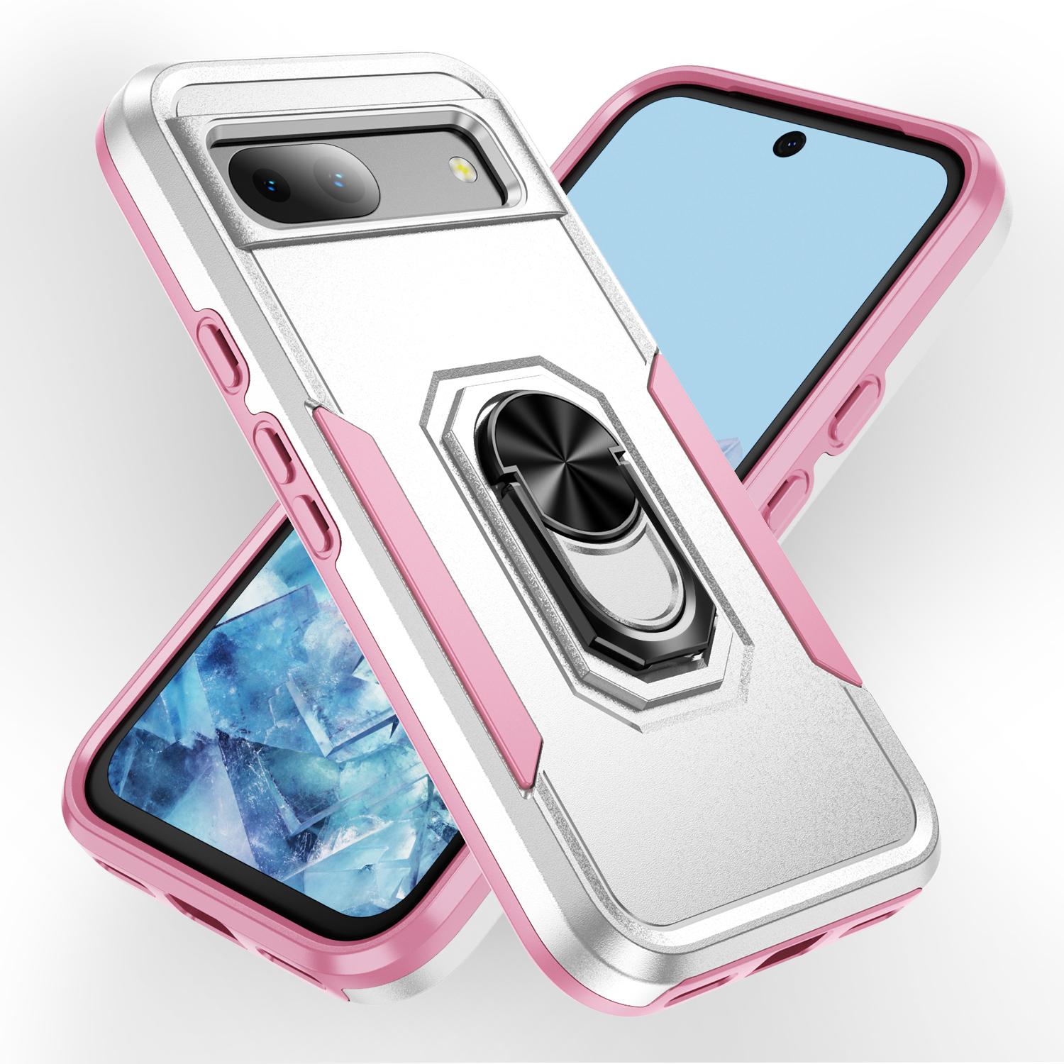 

For Google Pixel 8a Case Military Grade Ring Kickstand PC+TPU Phone Cover White+Pink