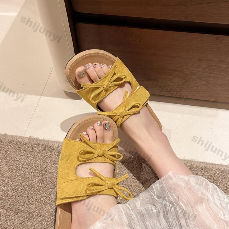 2025 Summer New Fashion Bow Women's Slippers Outdoor Retro Beach Casual Flat Shoes Lightweight Comfortable One Word Slippers