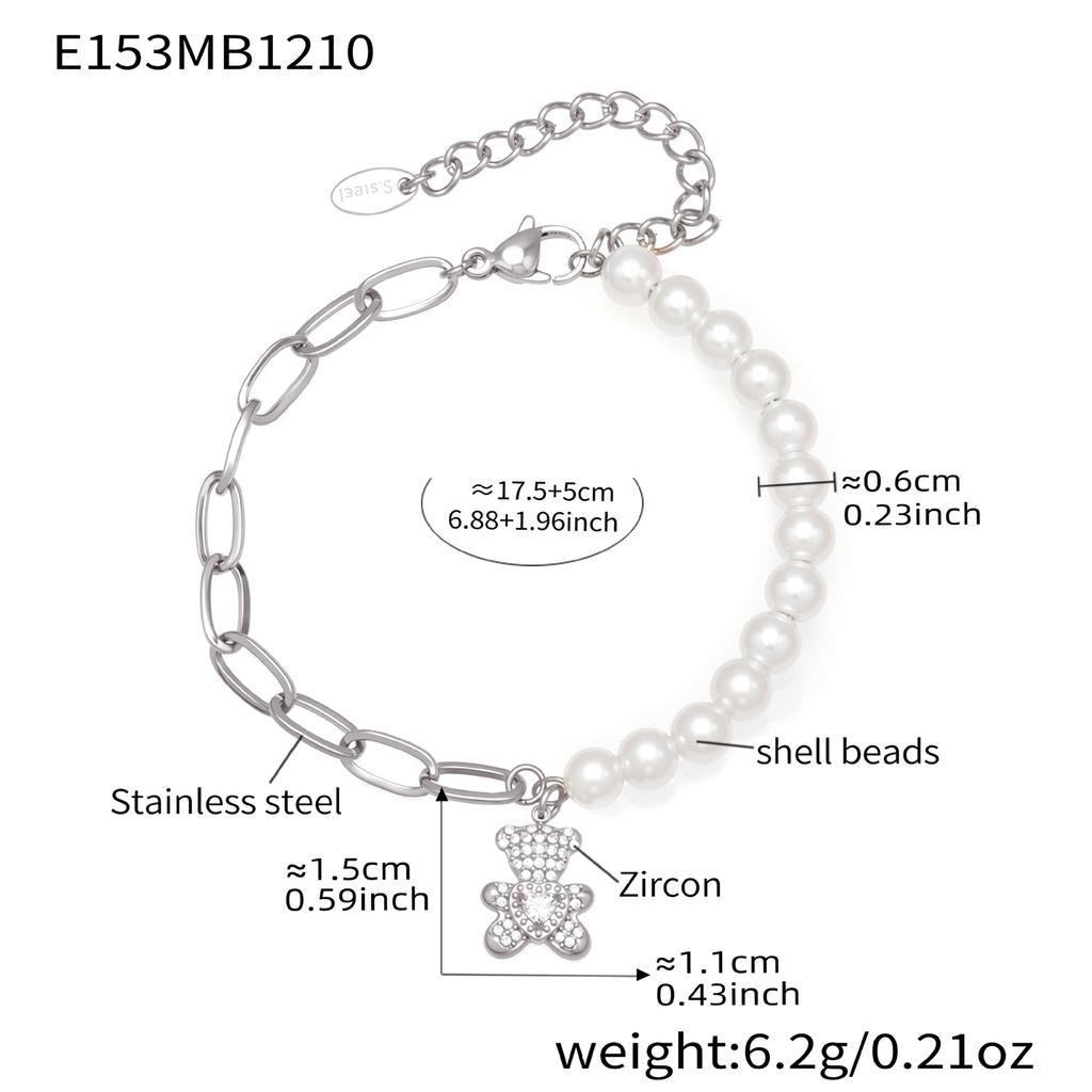 Cubic Zirconia Bear Charm Bracelet In Stainless Steel 18k Gold Plated Link Chain Bracelets Shell Beads Beaded Bracelet for Women