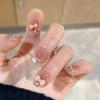 Cute KT Skin-Brightening Cat Eye Handmade French Nails with Fragrant Style and Sparkle Bow