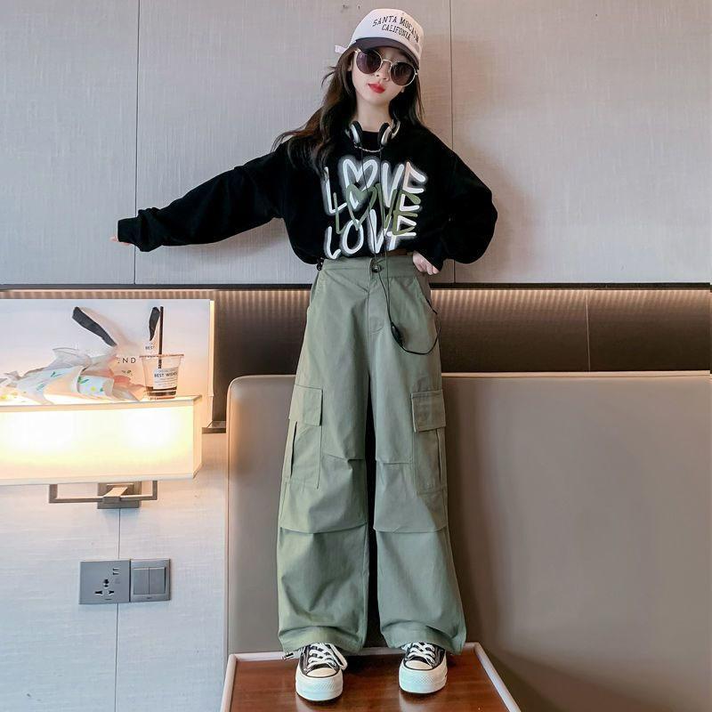 Kid Girls Sweater+Cargo Pants 2Pcs Suit Autumn Teen Clothing Set Fashion Letter Printing Outfits Spring Tracksuit 3-14 Years
