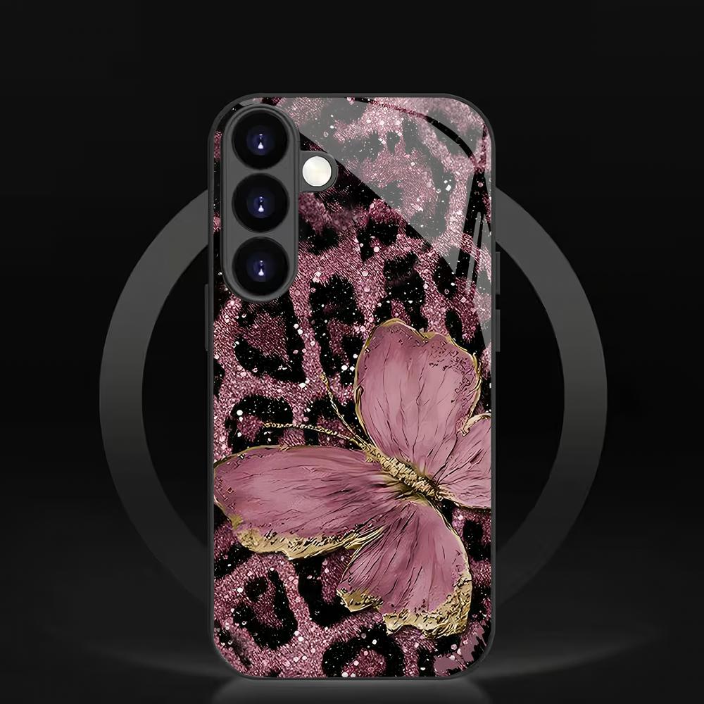 Leopardo drugelio grūdinto stiklo telefono dėklas, tinkamas Samsung Galaxy S26 S25 S24 S23 S22 S21 S20 FE/Ultra/Plus, apsaugantis nuo kritimo
