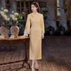 Elegant Long Sleeve Qipao Dress Women Winter Vintage Chic Fit Floral Jacquard Robe