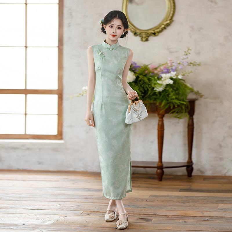 Green sleeveless national style new Chinese daily Suzhou long cheongsam improved young 1011 new women's high sense