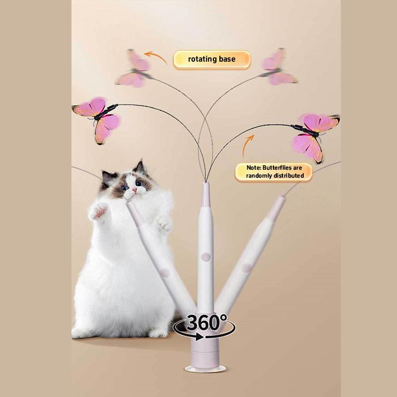 Cat Teaser Electric Automatic Stick With Butterfly Decoration Hands Free 360 Degree Rotating Base Cat Interactive Toy