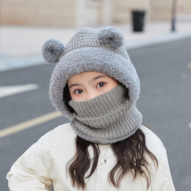 Kids Winter Knit Bear-Ear Hat With Neck Warmer Hooded Beanie Cycling Outdoor Wear