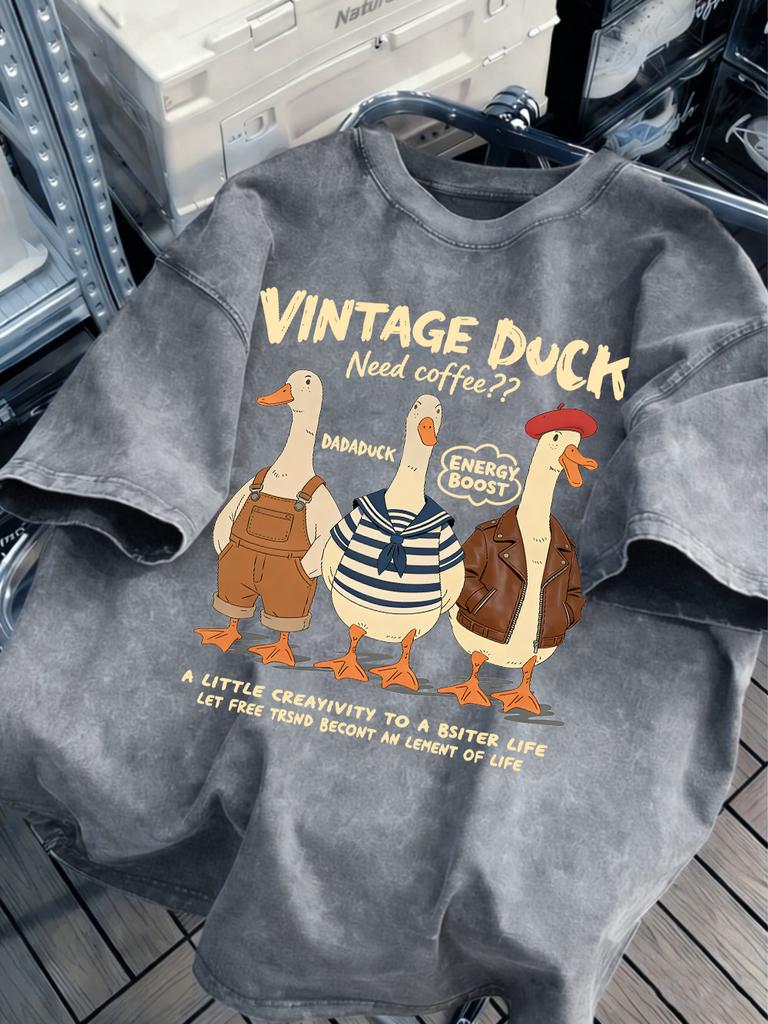 Vintage Duck Need Coffee Cotton Washed TShirts Womens Summer Oversized T Shirt ONeck Comfortable Distressed Tops Basic Clothes