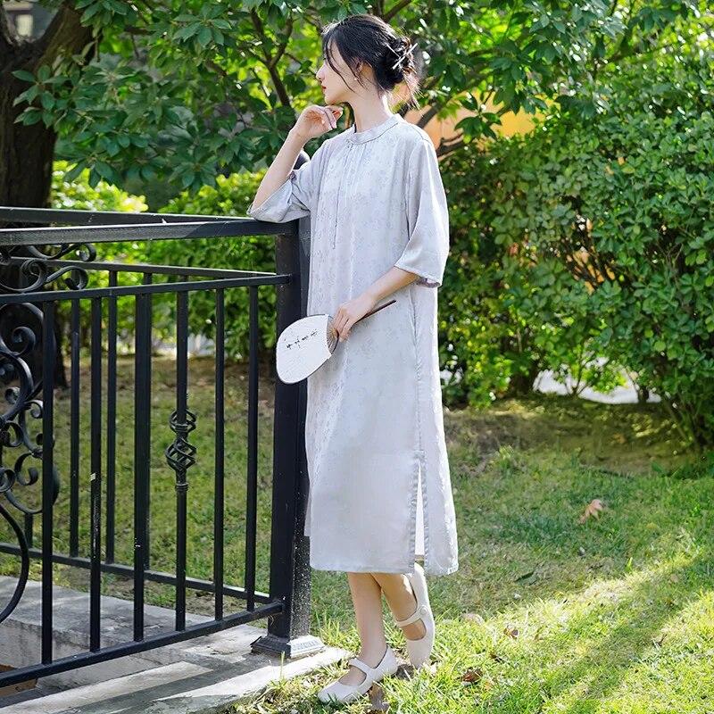 Johnature Women Vintage Stand Dresses Half Sleeve Jacquard Chinese Style Spring Summer A-Line Dress