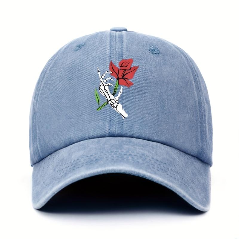 Skeleton Hand Holding Red Rose Baseball Cap Vintage Washed Skull Flower Print Adjustable Casual Hat Unisex One Size