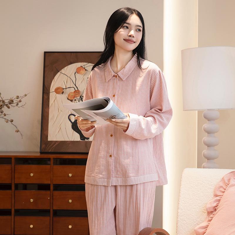 

Комплект парной пижамы с длинным рукавом в клетку, осень 2025 - Повседневная домашняя одежда с высоким чувством стиля M (women 80-110 jin or men 110-140 jin)