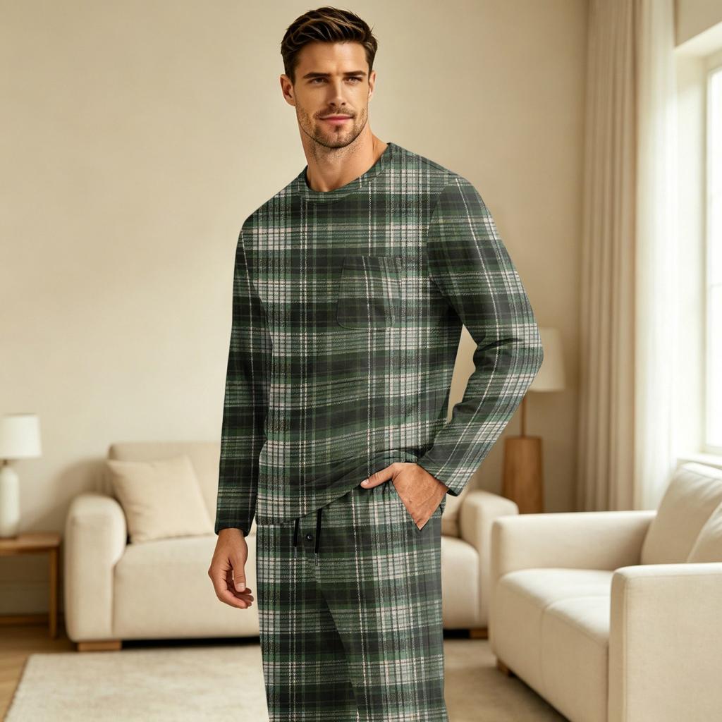 Men's Long Sleeve Pajama Set with Button Crotch and Elastic Drawstring Waist for Home Comfort