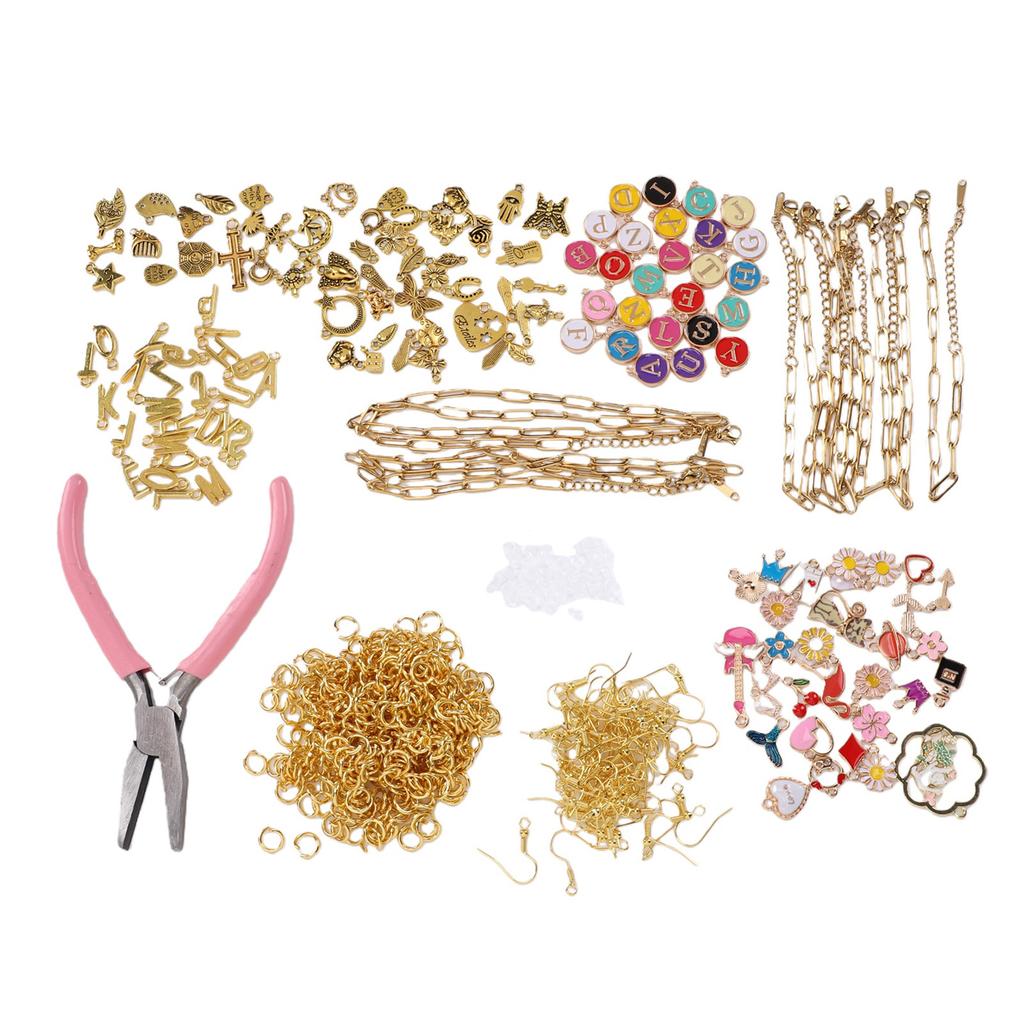 Jewelry Making Kit Beads Bracelet Earrings Craft Set with Pendants Charm Pliers for Necklace Keychain Gift Gold