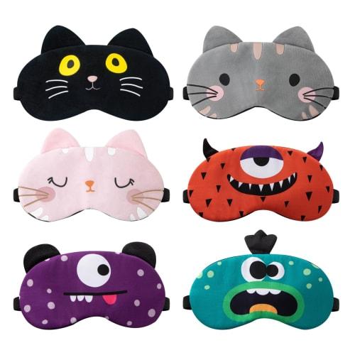 DIFEIUKI Light-Blocking Eye Masks for Sleeping, Set of 6, 6 Designs, Cute Cat, Monster, and Fluffy Eye Covers, Comfortable Sleeping Aid, No Pressure,