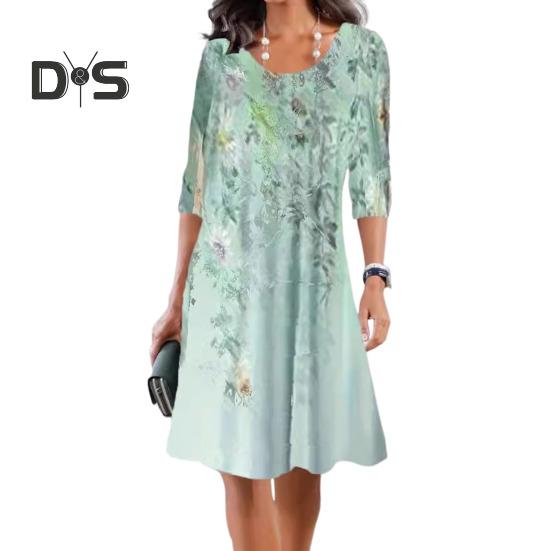 Sommerkleid für Damen, Rundhalsausschnitt, knielang, Blumendruck, A-Linie, lange Ärmel, Pullover, lässig, für den Alltag, langes Kleid zum Pendeln